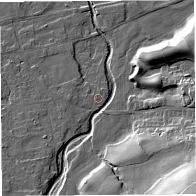 Shaded relief map of the ground around LA29RQ, computed from Environment Agency LiDAR. The ground here sits at about 26 m above sea level and falls 51 m across the surrounding 800 m. Surface water reaching this point runs off ground lying to the west-south-west, 1.1 m higher.