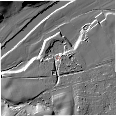 Shaded relief map of the ground around LA29RS, computed from Environment Agency LiDAR. The ground here sits at about 20 m above sea level and falls 24 m across the surrounding 800 m. Surface water reaching this point runs off ground lying to the south-south-east, 18.3 m higher.