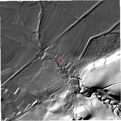 Shaded relief map of the ground around LA29RZ, computed from Environment Agency LiDAR. The ground here sits at about 24 m above sea level and falls 56 m across the surrounding 800 m. Surface water reaching this point runs off ground lying to the south-east, 50.0 m higher.