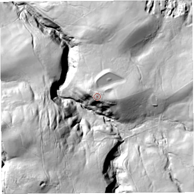 Shaded relief map of the ground around LA29SA, computed from Environment Agency LiDAR. The ground here sits at about 122 m above sea level and falls 115 m across the surrounding 800 m. Surface water reaching this point runs off ground lying to the east-south-east, 8.8 m higher.