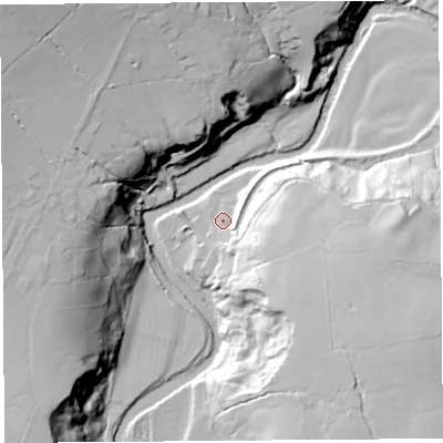 Shaded relief map of the ground around LA29SH, computed from Environment Agency LiDAR. The ground here sits at about 67 m above sea level and falls 49 m across the surrounding 800 m. Surface water reaching this point runs off ground lying to the east-south-east, 28.6 m higher.