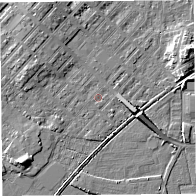 Shaded relief map of the ground around LA31AA, computed from Environment Agency LiDAR. The ground here sits at about 5 m above sea level and falls 8 m across the surrounding 800 m. Surface water reaching this point runs off ground lying to the east, 0.7 m higher.