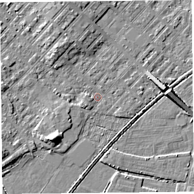 Shaded relief map of the ground around LA31AB, computed from Environment Agency LiDAR. The ground here sits at about 5 m above sea level and falls 7 m across the surrounding 800 m. Surface water reaching this point runs off ground lying to the south-west, 5.5 m higher.