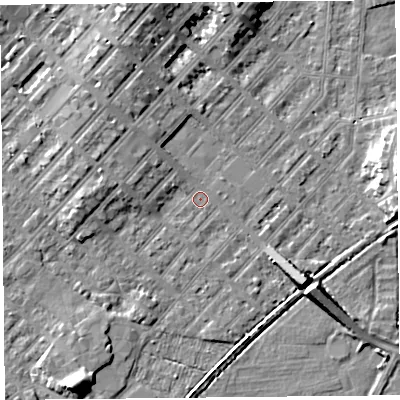 Shaded relief map of the ground around LA31AG, computed from Environment Agency LiDAR. The ground here sits at about 5 m above sea level and falls 7 m across the surrounding 800 m. Surface water reaching this point runs off ground lying to the north-west, 3.8 m higher.