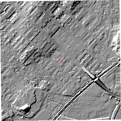Shaded relief map of the ground around LA31AH, computed from Environment Agency LiDAR. The ground here sits at about 5 m above sea level and falls 7 m across the surrounding 800 m. Surface water reaching this point runs off ground lying to the north-north-west, 3.2 m higher.
