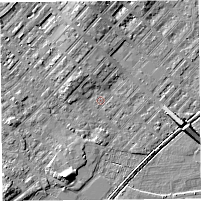 Shaded relief map of the ground around LA31AL, computed from Environment Agency LiDAR. The ground here sits at about 5 m above sea level and falls 7 m across the surrounding 800 m. Surface water reaching this point runs off ground lying to the north-north-west, 2.8 m higher.