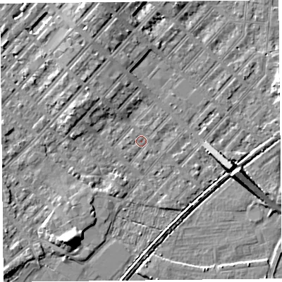 Shaded relief map of the ground around LA31AP, computed from Environment Agency LiDAR. The ground here sits at about 5 m above sea level and falls 7 m across the surrounding 800 m. Surface water reaching this point runs off ground lying to the north-north-west, 4.0 m higher.