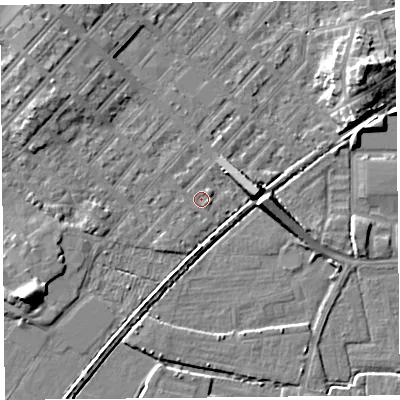 Shaded relief map of the ground around LA31AR, computed from Environment Agency LiDAR. The ground here sits at about 5 m above sea level and falls 8 m across the surrounding 800 m. Surface water reaching this point runs off ground lying to the west-north-west, 4.2 m higher.