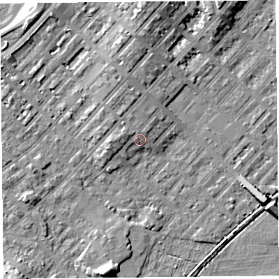 Shaded relief map of the ground around LA31AW, computed from Environment Agency LiDAR. The ground here sits at about 7 m above sea level and falls 8 m across the surrounding 800 m. Surface water reaching this point runs off ground lying to the west-north-west, 1.1 m higher.