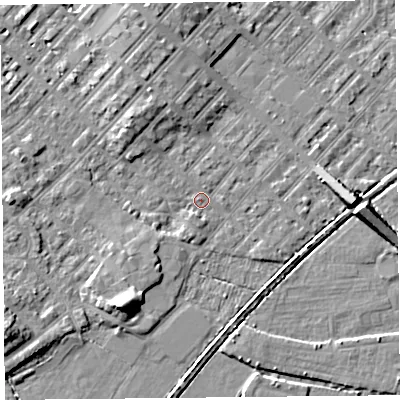 Shaded relief map of the ground around LA31AY, computed from Environment Agency LiDAR. The ground here sits at about 5 m above sea level and falls 7 m across the surrounding 800 m. Surface water reaching this point runs off ground lying to the south-west, 6.2 m higher.