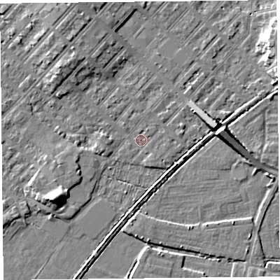 Shaded relief map of the ground around LA31AZ, computed from Environment Agency LiDAR. The ground here sits at about 5 m above sea level and falls 7 m across the surrounding 800 m. Surface water reaching this point runs off ground lying to the north-west, 4.2 m higher.