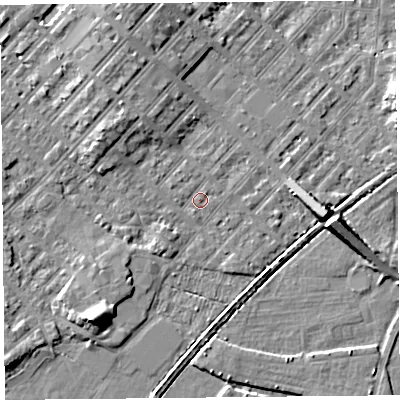 Shaded relief map of the ground around LA31BB, computed from Environment Agency LiDAR. The ground here sits at about 5 m above sea level and falls 7 m across the surrounding 800 m. Surface water reaching this point runs off ground lying to the south-west, 5.6 m higher.
