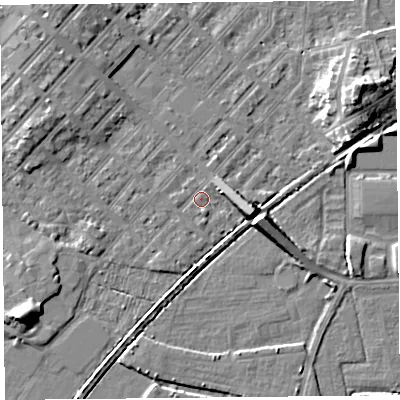Shaded relief map of the ground around LA31BD, computed from Environment Agency LiDAR. The ground here sits at about 5 m above sea level and falls 8 m across the surrounding 800 m. Surface water reaching this point runs off ground lying to the south-south-east, 1.2 m higher.