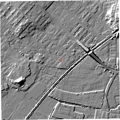Shaded relief map of the ground around LA31BE, computed from Environment Agency LiDAR. The ground here sits at about 5 m above sea level and falls 8 m across the surrounding 800 m. Surface water reaching this point runs off ground lying to the north-west, 4.2 m higher.
