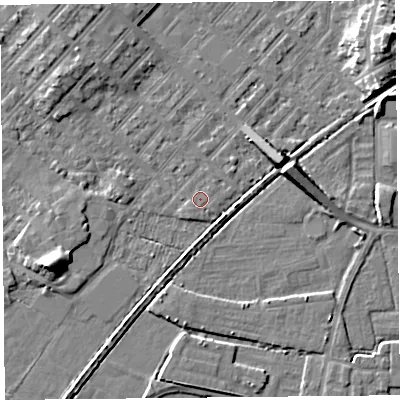 Shaded relief map of the ground around LA31BG, computed from Environment Agency LiDAR. The ground here sits at about 5 m above sea level and falls 8 m across the surrounding 800 m. Surface water reaching this point runs off ground lying to the south-west, 0.7 m higher.