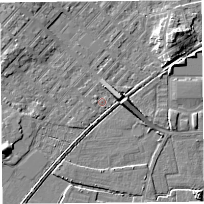 Shaded relief map of the ground around LA31BQ, computed from Environment Agency LiDAR. The ground here sits at about 5 m above sea level and falls 8 m across the surrounding 800 m. Surface water reaching this point runs off ground lying to the east, 6.5 m higher.