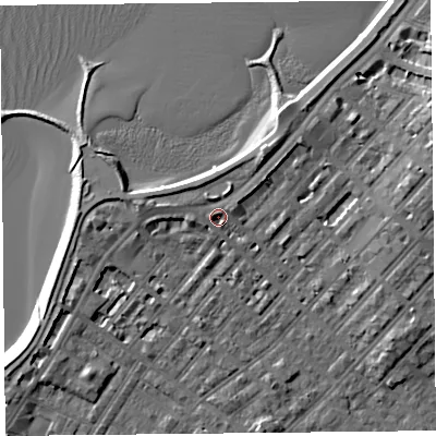 Shaded relief map of the ground around LA31BU, computed from Environment Agency LiDAR. The ground here sits at about 6 m above sea level and falls 8 m across the surrounding 800 m. Surface water reaching this point runs off ground lying to the north-east, 2.3 m higher.