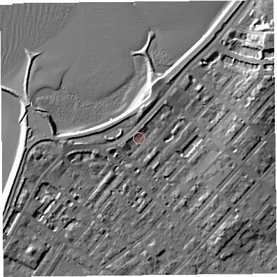 Shaded relief map of the ground around LA31BY, computed from Environment Agency LiDAR. The ground here sits at about 6 m above sea level and falls 12 m across the surrounding 800 m. Surface water reaching this point runs off ground lying to the north-north-east, 2.1 m higher.
