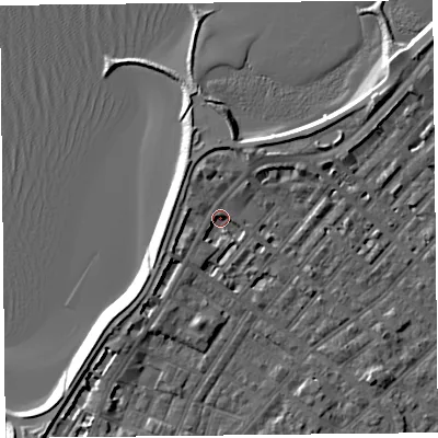Shaded relief map of the ground around LA31DA, computed from Environment Agency LiDAR. The ground here sits at about 6 m above sea level and falls 6 m across the surrounding 800 m. Surface water reaching this point runs off ground lying to the south-west, 2.0 m higher.
