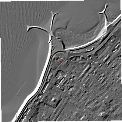 Shaded relief map of the ground around LA31DG, computed from Environment Agency LiDAR. The ground here sits at about 7 m above sea level and falls 6 m across the surrounding 800 m. Surface water reaching this point runs off ground lying to the south-west, 2.3 m higher.