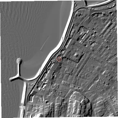 Shaded relief map of the ground around LA31DH, computed from Environment Agency LiDAR. The ground here sits at about 7 m above sea level and falls 13 m across the surrounding 800 m. Surface water reaching this point runs off ground lying to the north-north-west, 1.4 m higher.