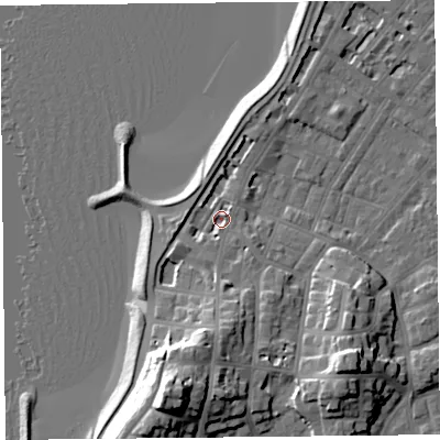 Shaded relief map of the ground around LA31DJ, computed from Environment Agency LiDAR. The ground here sits at about 6 m above sea level and falls 21 m across the surrounding 800 m. Surface water reaching this point runs off ground lying to the south, 7.5 m higher.