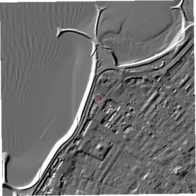 Shaded relief map of the ground around LA31DN, computed from Environment Agency LiDAR. The ground here sits at about 7 m above sea level and falls 6 m across the surrounding 800 m. Surface water reaching this point runs off ground lying to the west-south-west, 2.1 m higher.
