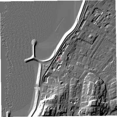 Shaded relief map of the ground around LA31DP, computed from Environment Agency LiDAR. The ground here sits at about 6 m above sea level and falls 21 m across the surrounding 800 m. Surface water reaching this point runs off ground lying to the south, 17.5 m higher.