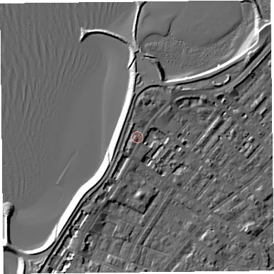 Shaded relief map of the ground around LA31DQ, computed from Environment Agency LiDAR. The ground here sits at about 7 m above sea level and falls 7 m across the surrounding 800 m. Surface water reaching this point runs off ground lying to the south-east, 2.0 m higher.