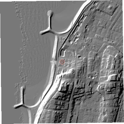 Shaded relief map of the ground around LA31DR, computed from Environment Agency LiDAR. The ground here sits at about 8 m above sea level and falls 21 m across the surrounding 800 m. Surface water reaching this point runs off ground lying to the south, 15.6 m higher.