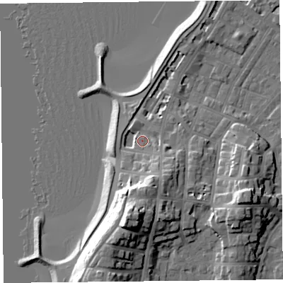 Shaded relief map of the ground around LA31DU, computed from Environment Agency LiDAR. The ground here sits at about 8 m above sea level and falls 21 m across the surrounding 800 m. Surface water reaching this point runs off ground lying to the south-south-east, 7.2 m higher.