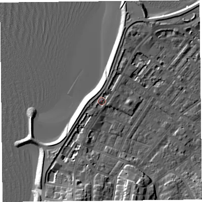 Shaded relief map of the ground around LA31DW, computed from Environment Agency LiDAR. The ground here sits at about 8 m above sea level and falls 12 m across the surrounding 800 m. Surface water reaching this point runs off ground lying to the west, 0.9 m higher.