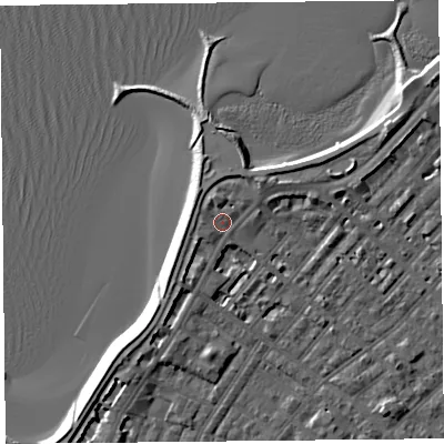 Shaded relief map of the ground around LA31DX, computed from Environment Agency LiDAR. The ground here sits at about 7 m above sea level and falls 6 m across the surrounding 800 m. Surface water reaching this point runs off ground lying to the south-west, 2.1 m higher.