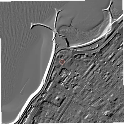 Shaded relief map of the ground around LA31DY, computed from Environment Agency LiDAR. The ground here sits at about 7 m above sea level and falls 6 m across the surrounding 800 m. Surface water reaching this point runs off ground lying to the south-west, 2.1 m higher.