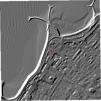 Shaded relief map of the ground around LA31DZ, computed from Environment Agency LiDAR. The ground here sits at about 8 m above sea level and falls 6 m across the surrounding 800 m. Surface water reaching this point runs off ground lying to the south-west, 1.5 m higher.