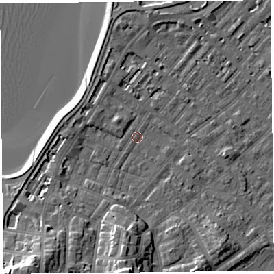 Shaded relief map of the ground around LA31EB, computed from Environment Agency LiDAR. The ground here sits at about 6 m above sea level and falls 15 m across the surrounding 800 m. Surface water reaching this point runs off ground lying to the south, 12.8 m higher.