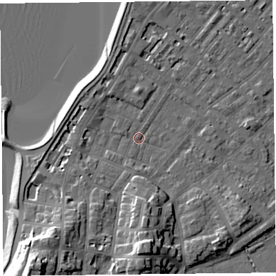 Shaded relief map of the ground around LA31ED, computed from Environment Agency LiDAR. The ground here sits at about 6 m above sea level and falls 21 m across the surrounding 800 m. Surface water reaching this point runs off ground lying to the south-west, 18.4 m higher.