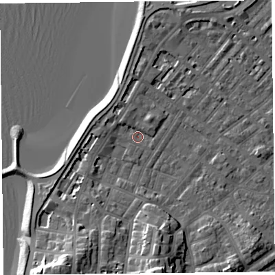 Shaded relief map of the ground around LA31EE, computed from Environment Agency LiDAR. The ground here sits at about 6 m above sea level and falls 15 m across the surrounding 800 m. Surface water reaching this point runs off ground lying to the west-north-west, 2.7 m higher.
