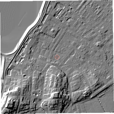 Shaded relief map of the ground around LA31EF, computed from Environment Agency LiDAR. The ground here sits at about 5 m above sea level and falls 21 m across the surrounding 800 m. Surface water reaching this point runs off ground lying to the south, 12.8 m higher.