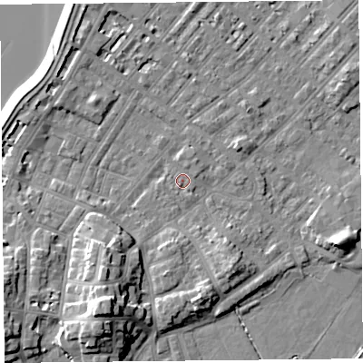 Shaded relief map of the ground around LA31EJ, computed from Environment Agency LiDAR. The ground here sits at about 6 m above sea level and falls 15 m across the surrounding 800 m. Surface water reaching this point runs off ground lying to the south-south-west, 1.0 m higher.