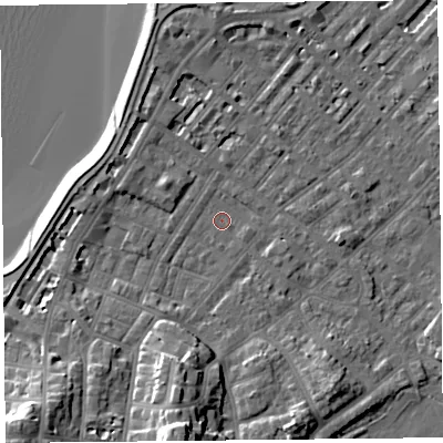 Shaded relief map of the ground around LA31EL, computed from Environment Agency LiDAR. The ground here sits at about 6 m above sea level and falls 15 m across the surrounding 800 m. Surface water reaching this point runs off ground lying to the south, 12.8 m higher.