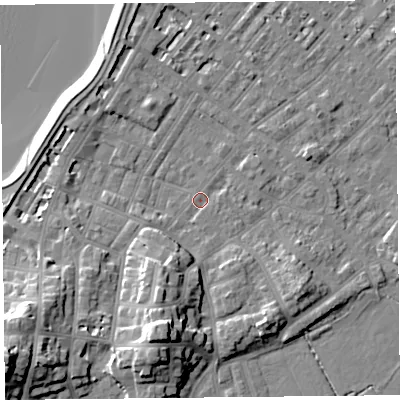 Shaded relief map of the ground around LA31EP, computed from Environment Agency LiDAR. The ground here sits at about 6 m above sea level and falls 21 m across the surrounding 800 m. Surface water reaching this point runs off ground lying to the south-south-west, 12.8 m higher.