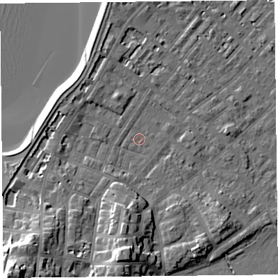 Shaded relief map of the ground around LA31EQ, computed from Environment Agency LiDAR. The ground here sits at about 6 m above sea level and falls 21 m across the surrounding 800 m. Surface water reaching this point runs off ground lying to the south, 12.8 m higher.