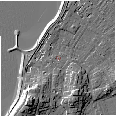 Shaded relief map of the ground around LA31ER, computed from Environment Agency LiDAR. The ground here sits at about 7 m above sea level and falls 21 m across the surrounding 800 m. Surface water reaching this point runs off ground lying to the south-south-east, 12.0 m higher.