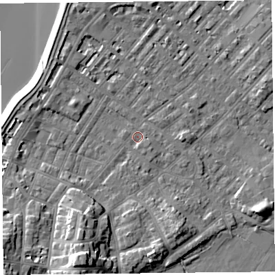 Shaded relief map of the ground around LA31EW, computed from Environment Agency LiDAR. The ground here sits at about 6 m above sea level and falls 15 m across the surrounding 800 m. Surface water reaching this point runs off ground lying to the south-south-east, 1.6 m higher.