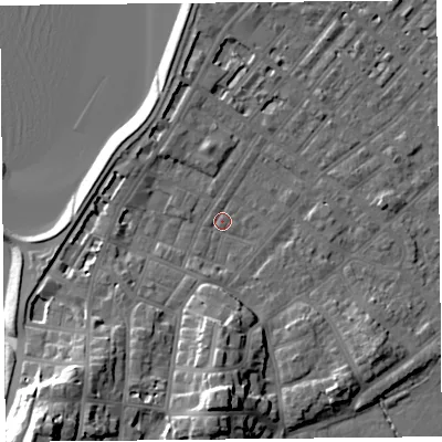 Shaded relief map of the ground around LA31FD, computed from Environment Agency LiDAR. The ground here sits at about 6 m above sea level and falls 21 m across the surrounding 800 m. Surface water reaching this point runs off ground lying to the south-west, 18.4 m higher.