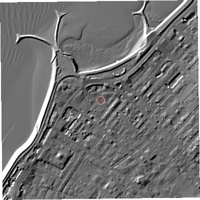 Shaded relief map of the ground around LA31FQ, computed from Environment Agency LiDAR. The ground here sits at about 6 m above sea level and falls 6 m across the surrounding 800 m. Surface water reaching this point runs off ground lying to the west, 3.4 m higher.