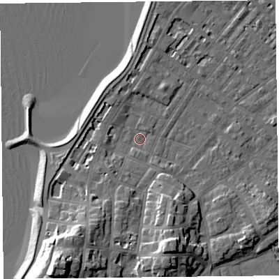 Shaded relief map of the ground around LA31HE, computed from Environment Agency LiDAR. The ground here sits at about 6 m above sea level and falls 21 m across the surrounding 800 m. Surface water reaching this point runs off ground lying to the south-south-west, 18.4 m higher.