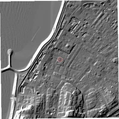 Shaded relief map of the ground around LA31HG, computed from Environment Agency LiDAR. The ground here sits at about 6 m above sea level and falls 20 m across the surrounding 800 m. Surface water reaching this point runs off ground lying to the south-south-west, 14.8 m higher.