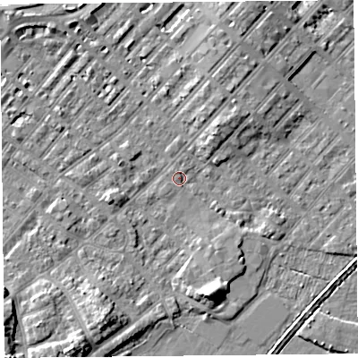 Shaded relief map of the ground around LA31HH, computed from Environment Agency LiDAR. The ground here sits at about 5 m above sea level and falls 8 m across the surrounding 800 m. Surface water reaching this point runs off ground lying to the south-west, 7.2 m higher.